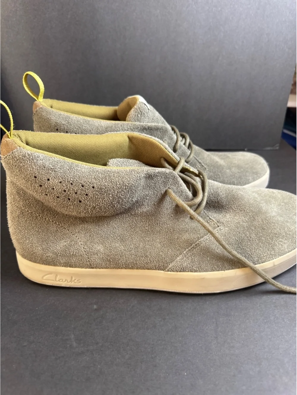 Clarks Men's Beige Suede Desert Boots with Yellow Pull Tab